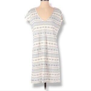 Lucky Brand Sheath Dress Size XS Ivory Blue Short Sleeve V-Neck Aztec Southwest